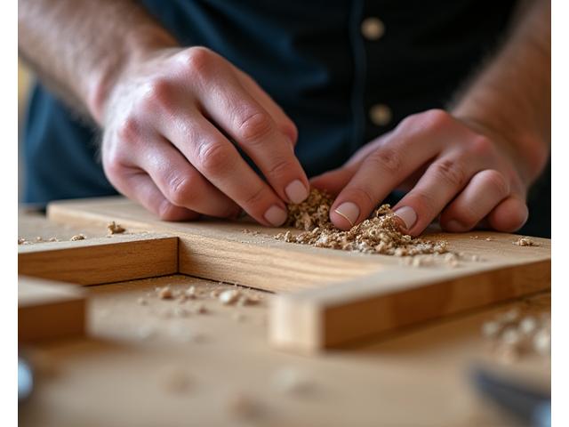 Detailaufnahme eines Schreinermeisters bei der Anfertigung massgefertigter Holzmöbel, Hobelspäne und Holzmaserung sind sichtbar.