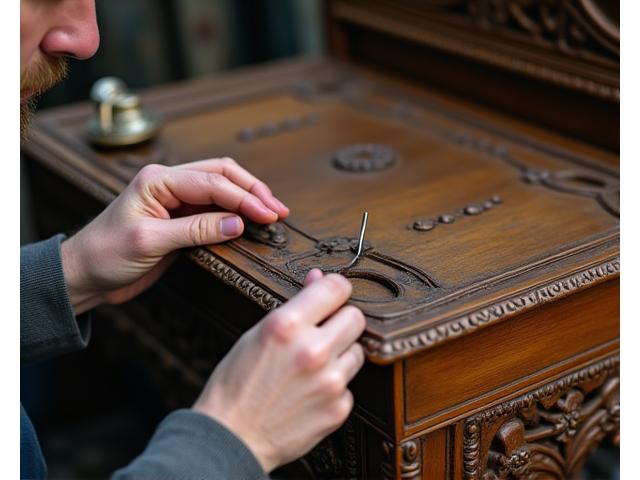 Alte Holzkommode wird von einem Restaurator sorgfältig bearbeitet, Fokus auf detailreiche Holzschnitzereien.