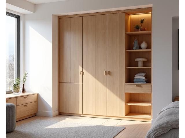 Ein massgefertigter Einbauschrank aus Holz in einem modernen Wohnraum, mit optimiertem Stauraum und integrierter Beleuchtung.