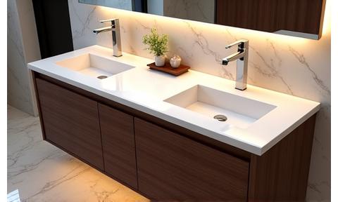Eleganter Badezimmerschrank mit Doppelwaschbecken aus Nussbaumholz und Marmorplatte.