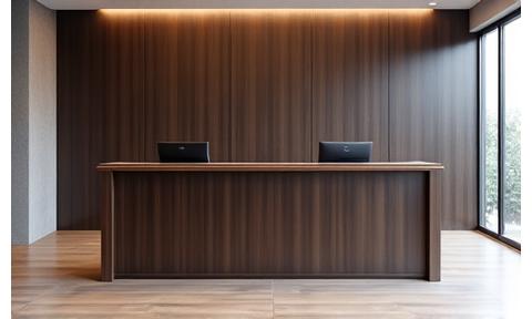 Grosser, moderner Empfangstisch aus dunklem Holz für ein gewerbliches Büro.