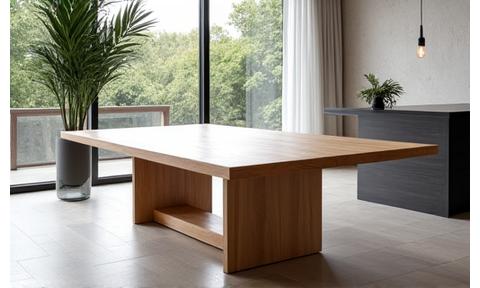 Massgefertigter Esstisch aus hellem Eichenholz in einem modernen Esszimmer.