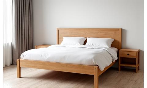 Massgeschneidertes Holzbett mit integrierten Nachttischen in einem minimalistischen Schlafzimmer.
