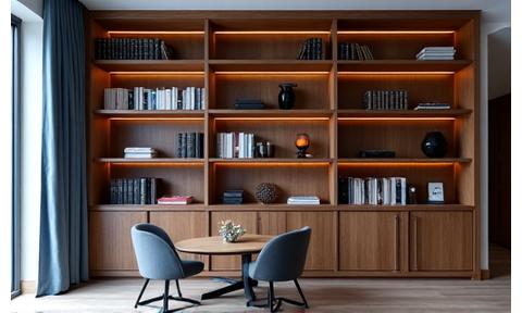 Massgefertigtes Bücherregal aus dunklem Holz, integriert in ein Wohnzimmer.